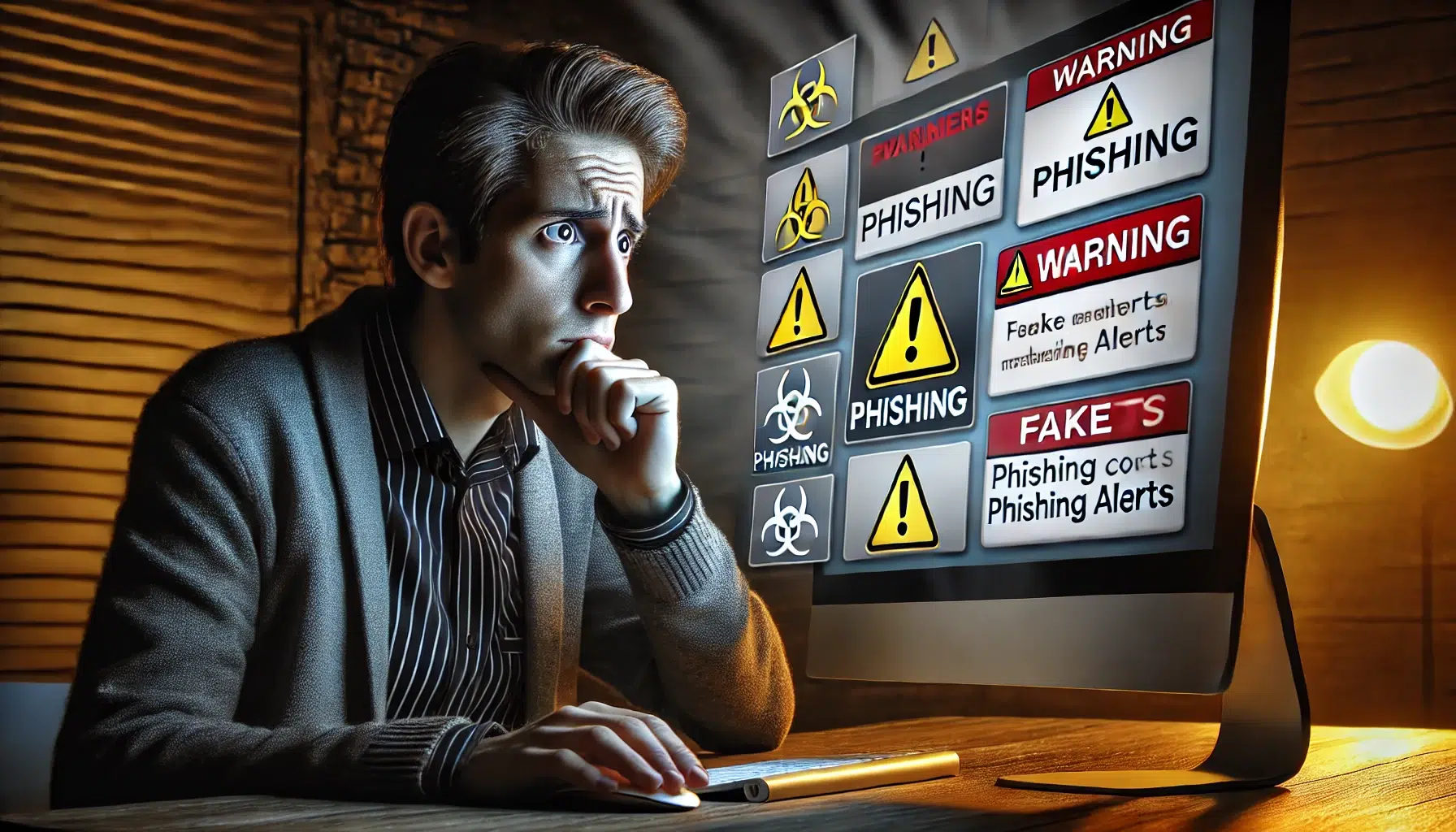 An image illustrating the concept of website scams. A person looking worried at a computer screen with warning icons. It is used as the cover photo for a blog article about avoiding scams, including domain registry scams.