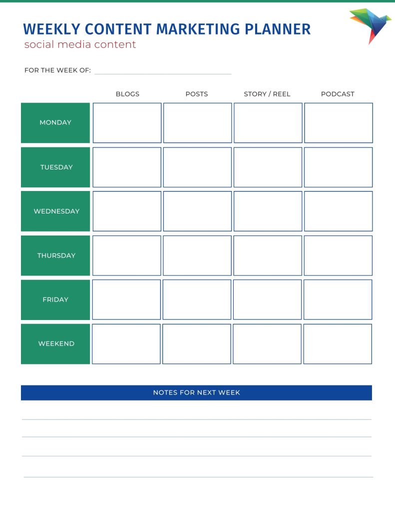 A detailed Weekly Content Marketing Planner document designed to help businesses organize and streamline their content marketing efforts. The planner includes sections for scheduling, strategy, and performance tracking.