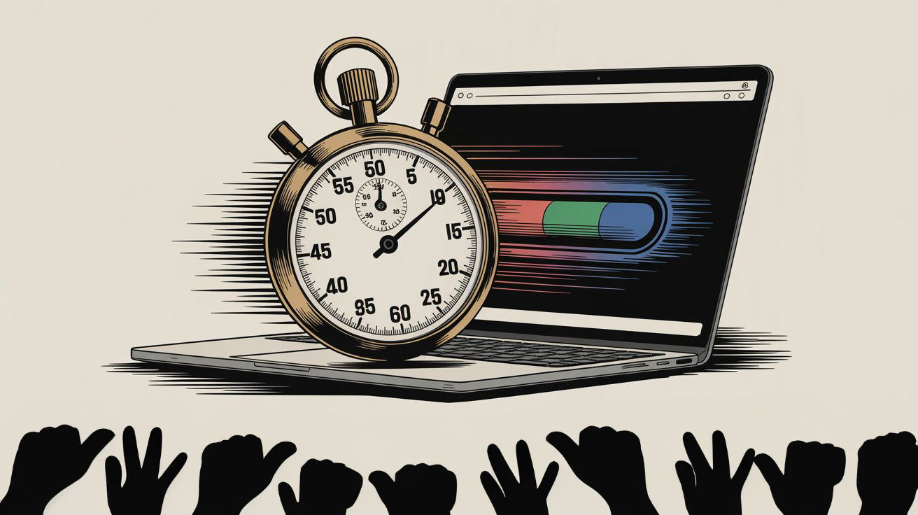 Stopwatch beside a laptop screen, highlighting tips for improving website speed and boosting conversions.