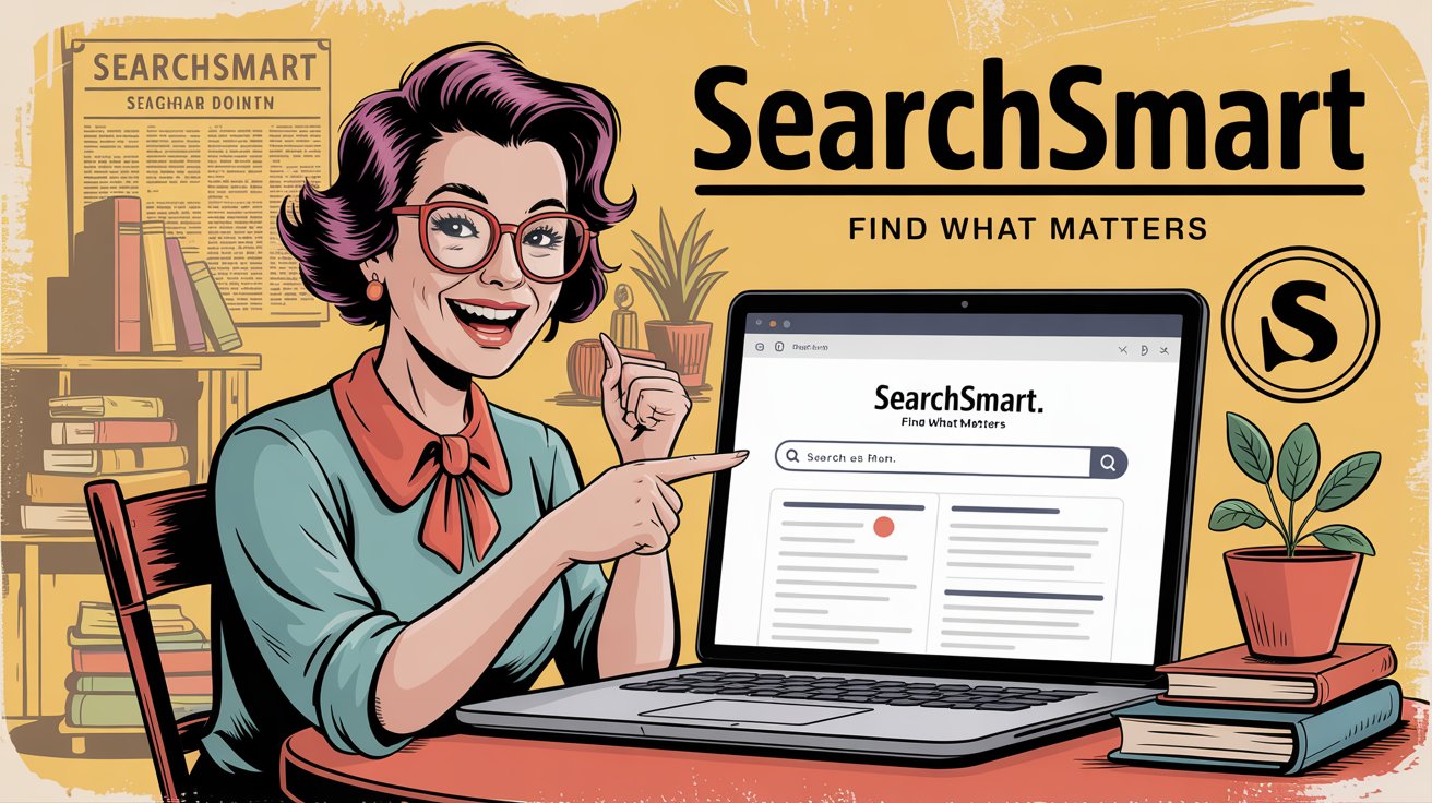 Illustration depicting a middle age woman cheerfully searching the web and finding appropriate information thanks to the 5-second test