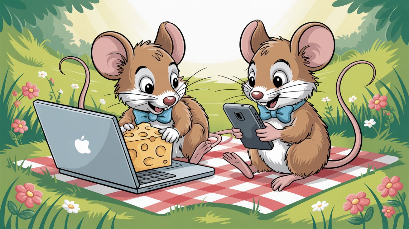 two happy mice looking for cheese in diferent devices, one in a laptop and the other one in a mobile device illustrating the concept of mobile responsiveness