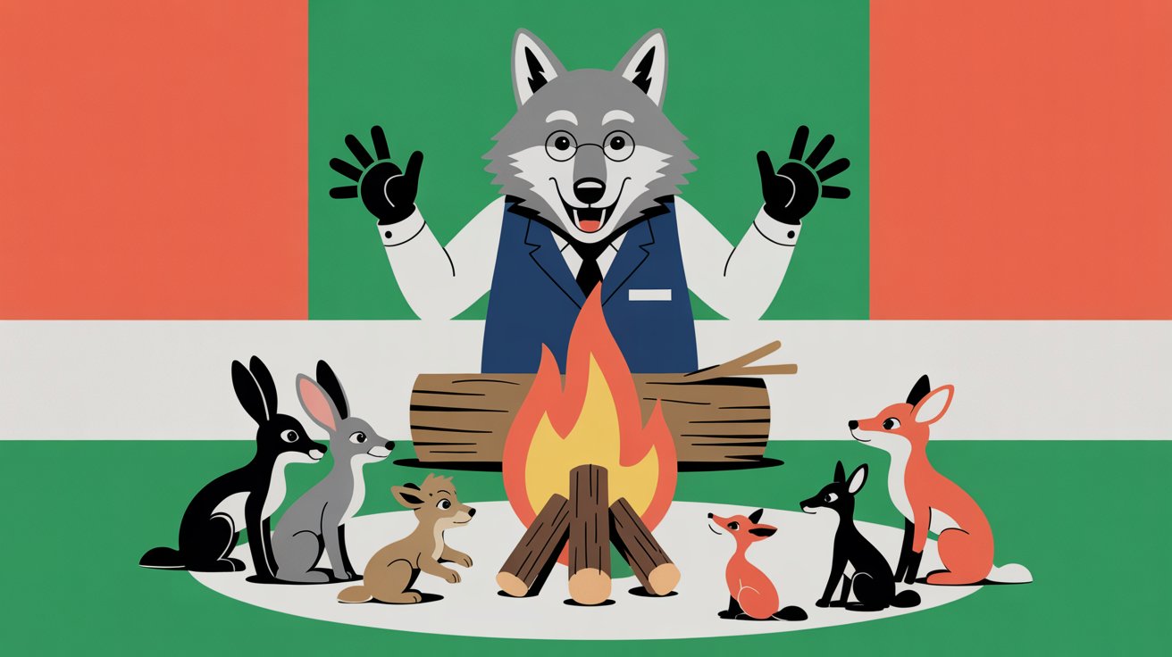 A cozy, atmospheric fable illustration set at twilight in a digital forest. An experienced, older wolf (perhaps wearing a casual business vest) sits on a log by a glowing campfire. The wolf is gesturing with its paws, enthusiastically telling a tale. Rising from the fire, instead of smoke, are glowing, magical shapes forming a visual scene of the wolf as a tiny, clumsy puppy struggling to build its very first, humble wooden den. A large circle of diverse forest animals (rabbits, deer, foxes) sits around the fire, leaning in closely with expressions of awe, trust, and deep emotional connection, completely captivated by the history being shared.