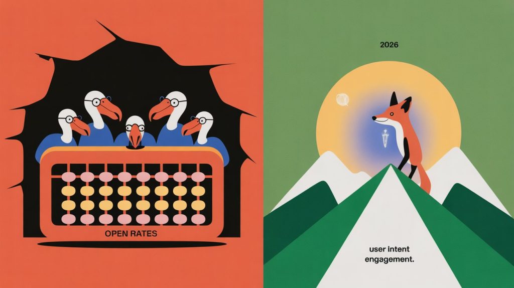 Stop Tracking Open Rates Like It’s 2019 1 Whimsical fable-style illustration for a blog cover. A group of dodo birds in old-fashioned spectacles are gathered around a rusty, oversized abacus labeled "Open Rates," meticulously counting dusty beads in a dark cave. Outside the cave, a sleek, modern fox is standing on a mountain peak in the bright 2026 sunlight, using a glowing holographic crystal to look at a vast landscape of "User Intent" and "Engagement." The scene is funny and satirical, contrasting the outdated methods of the dodos with the forward-thinking fox. Storybook art style, rich textures, Aesop’s Fables aesthetic, vibrant colors, and dramatic lighting.