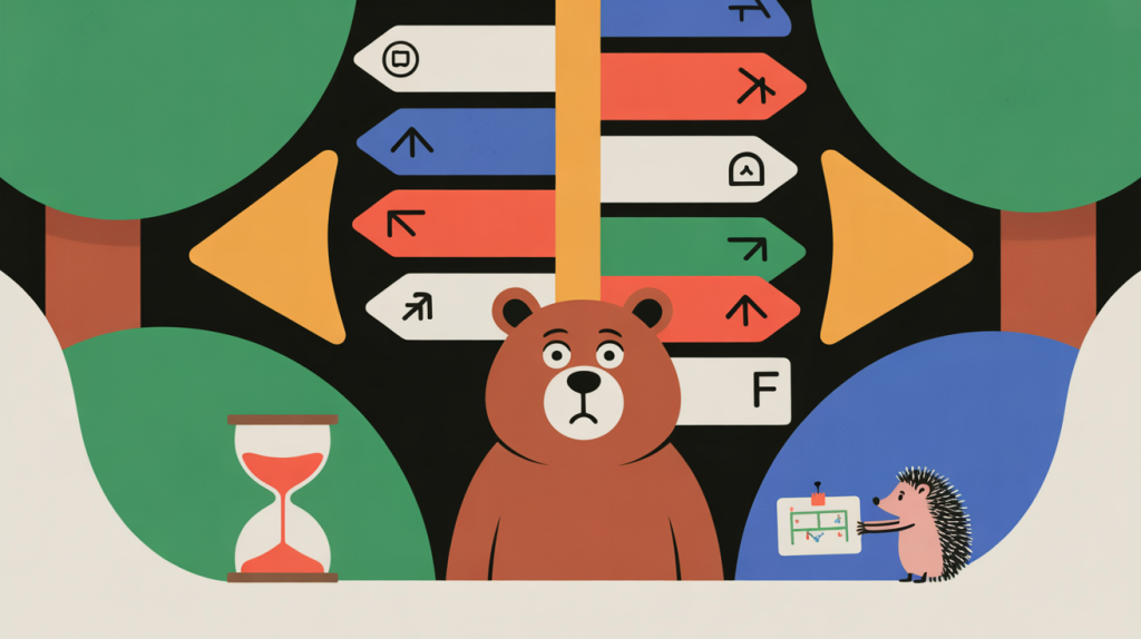The 15-Minute Homepage Clarity Test 1 Whimsical, fable-style illustration for a blog cover titled "The 15-Minute Homepage Clarity Test." A bewildered bear stands in front of a forest signpost that has dozens of arrows pointing in every possible direction, all with confusing symbols. To the side, a tiny, organized hedgehog holds a simple, clear map and a 15-minute hourglass that is almost empty. The scene is humorous, highlighting the frustration of "getting lost" on a messy website versus the relief of clarity. Storybook art style, rich textures, charming Aesop’s Fables aesthetic, vibrant colors, and soft sunlight filtering through the trees.