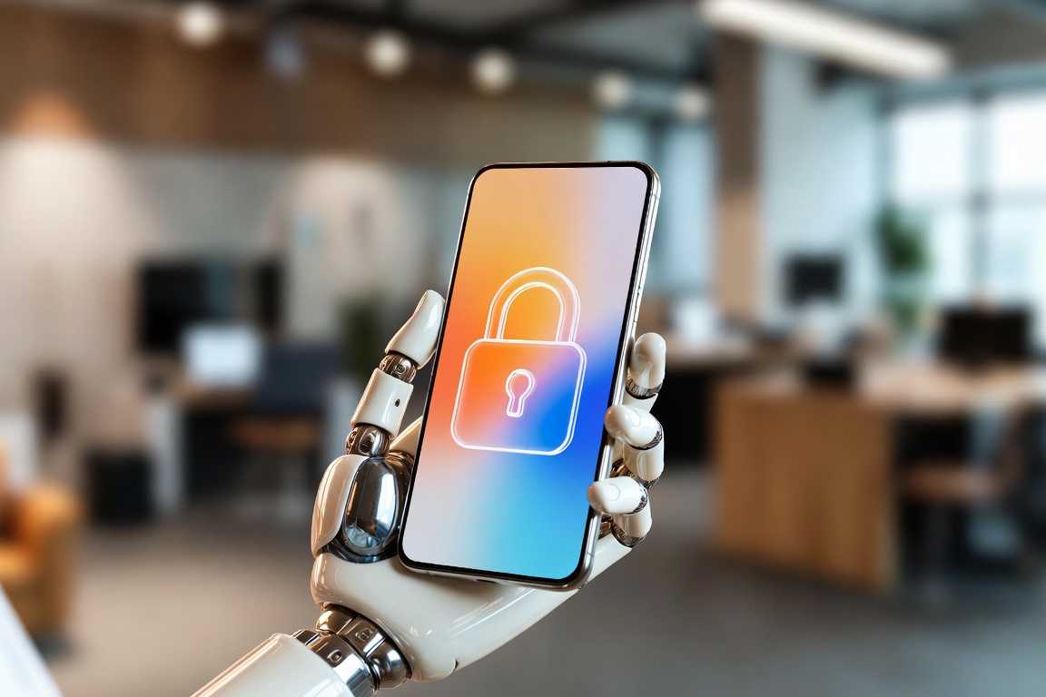 A metallic robotic hand holding a modern smartphone in a blurred office setting. The phone screen displays a glowing, 3D holographic digital padlock in vibrant orange and blue, with the text